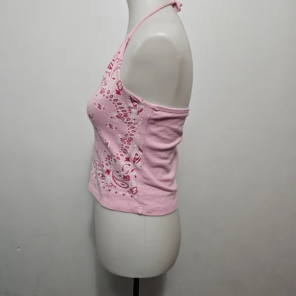Zoey Beth Y2K Pink & Red Bandana Print Cropped Knit Halter Top Size Medium - Picture 2 of 6